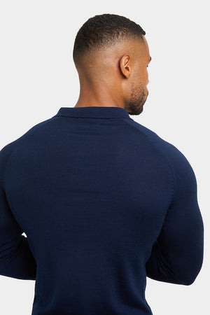 Merino Wool Buttonless Open Collar Polo Shirt in Navy - TAILORED ATHLETE - ROW