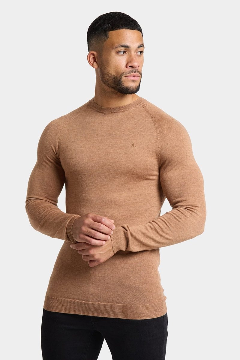 Merino Wool Crew Neck Jumper in Camel - Main Image