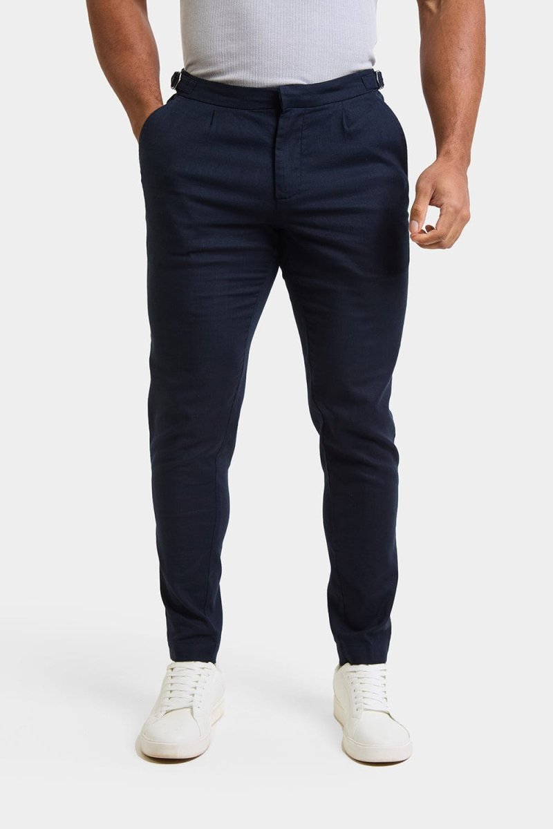 Linen Blend Cropped Pleated Trousers in Navy - TAILORED ATHLETE - ROW