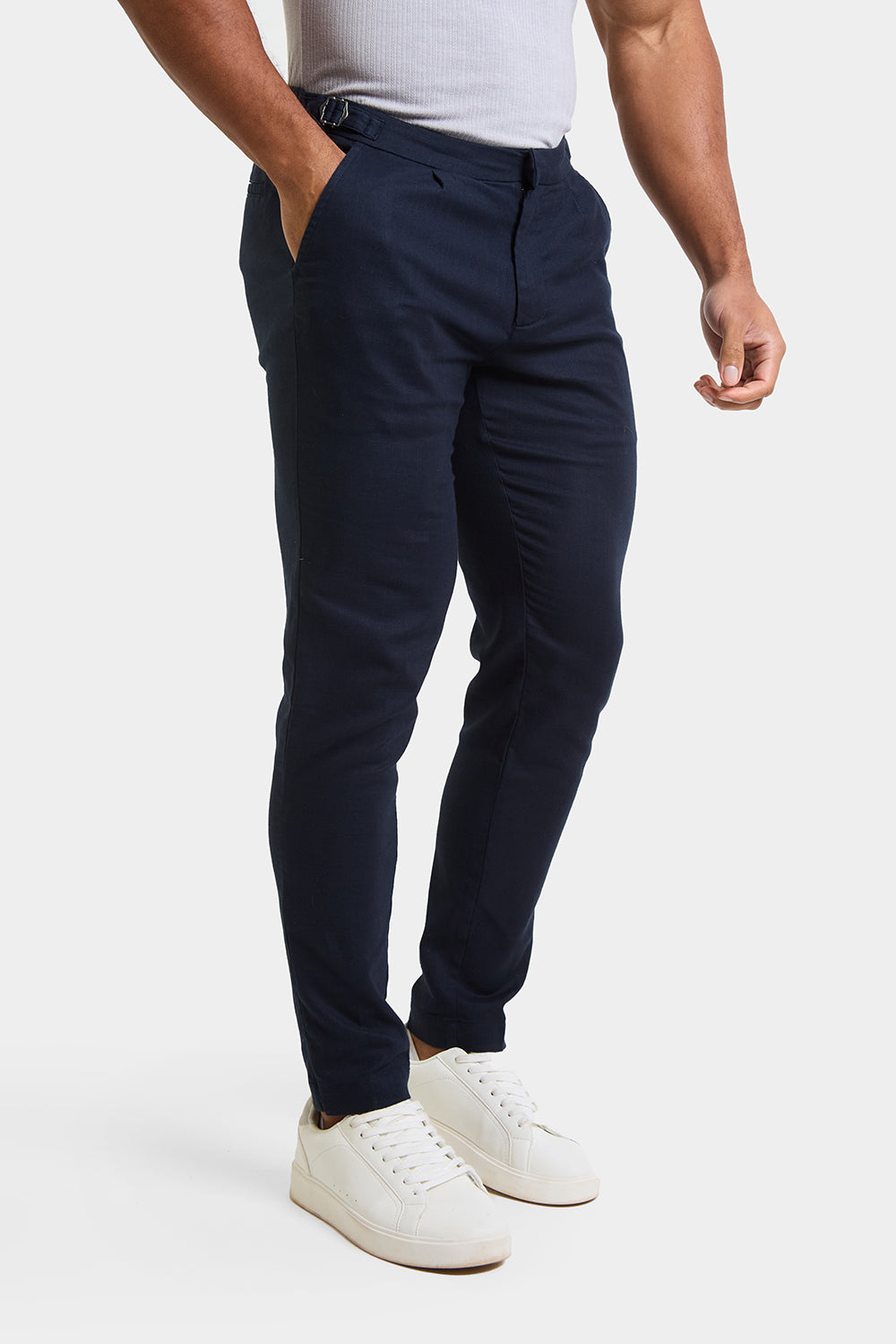 Linen Blend Cropped Pleated Trousers in Navy - TAILORED ATHLETE - ROW