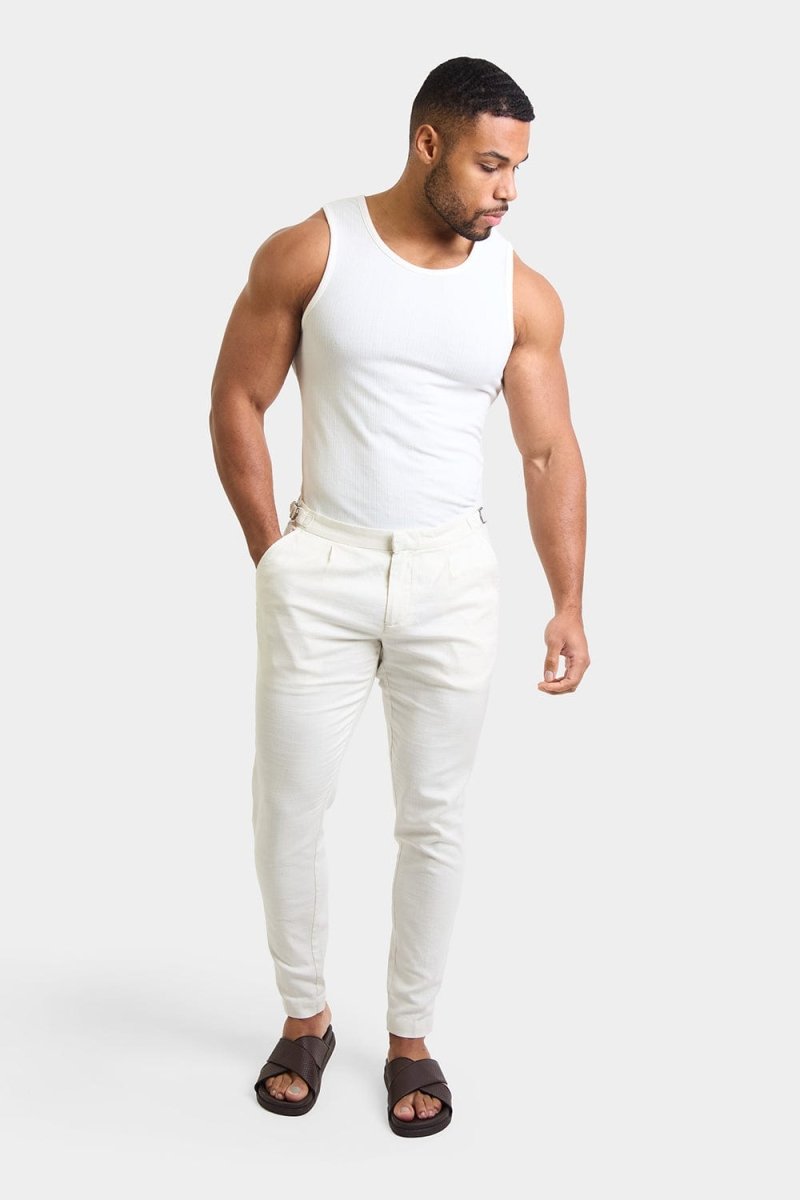 Linen Blend Cropped Pleated Trousers in Chalk - TAILORED ATHLETE - ROW
