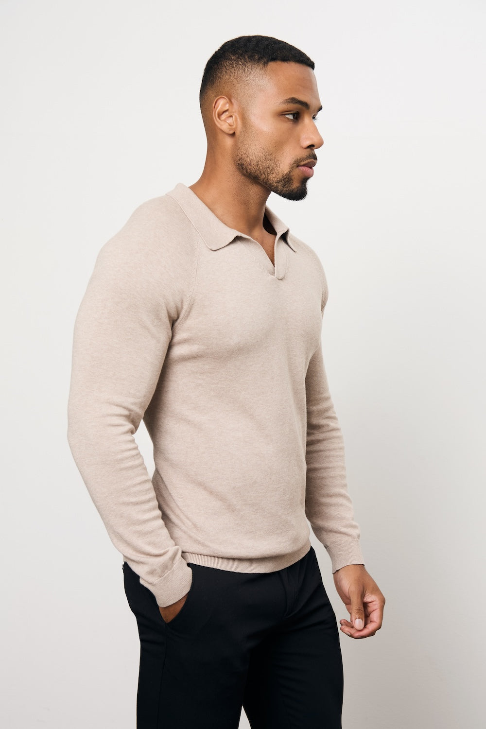 Pure Cotton Knitted Open Collar Polo Shirt in Neutral Marl