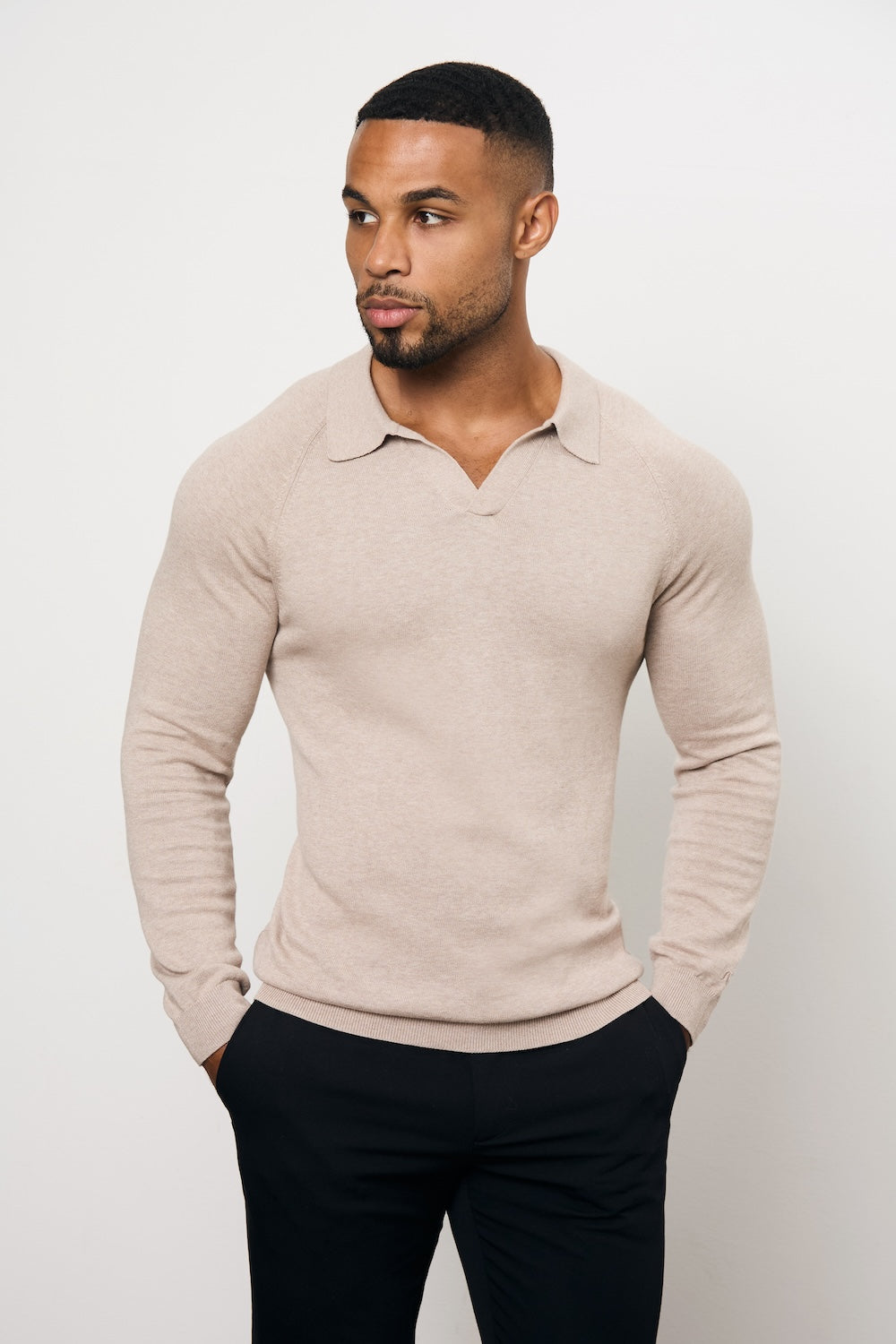 Pure Cotton Knitted Open Collar Polo Shirt in Neutral Marl