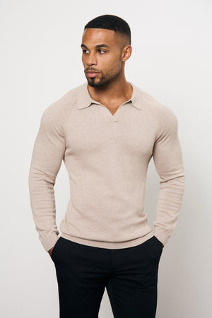 Pure Cotton Knitted Open Collar Polo Shirt in Neutral Marl