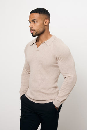 Pure Cotton Knitted Open Collar Polo Shirt in Neutral Marl