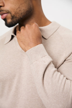 Pure Cotton Knitted Open Collar Polo Shirt in Neutral Marl
