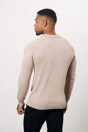 Pure Cotton Knitted Open Collar Polo Shirt in Neutral Marl