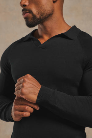 Pure Cotton Knitted Open Collar Polo Shirt in Black
