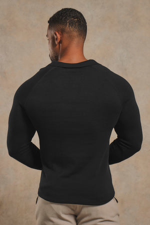 Pure Cotton Knitted Open Collar Polo Shirt in Black