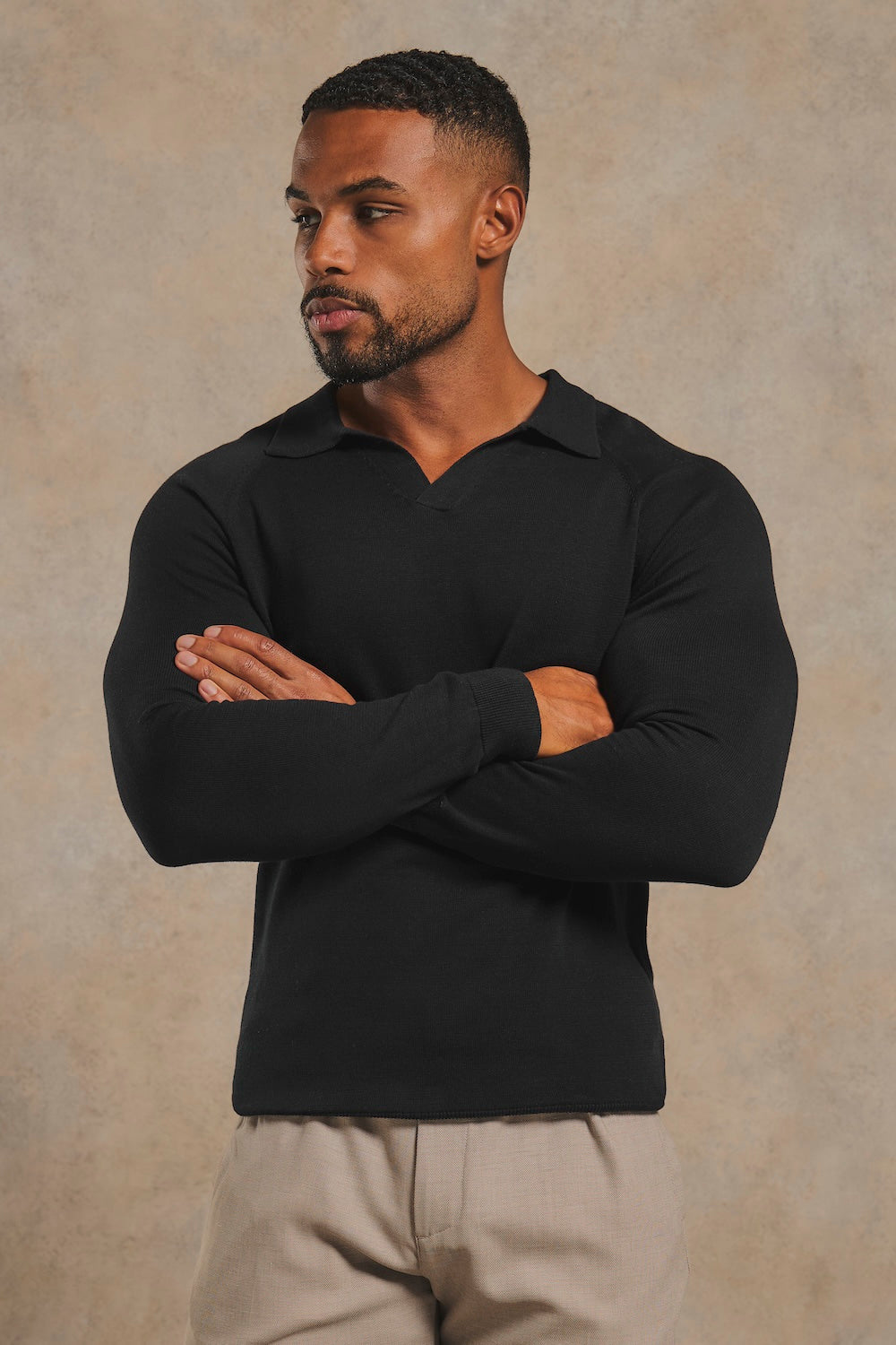 Pure Cotton Knitted Open Collar Polo Shirt in Black