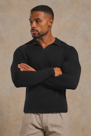 Pure Cotton Knitted Open Collar Polo Shirt in Black