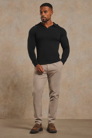 Pure Cotton Knitted Open Collar Polo Shirt in Black