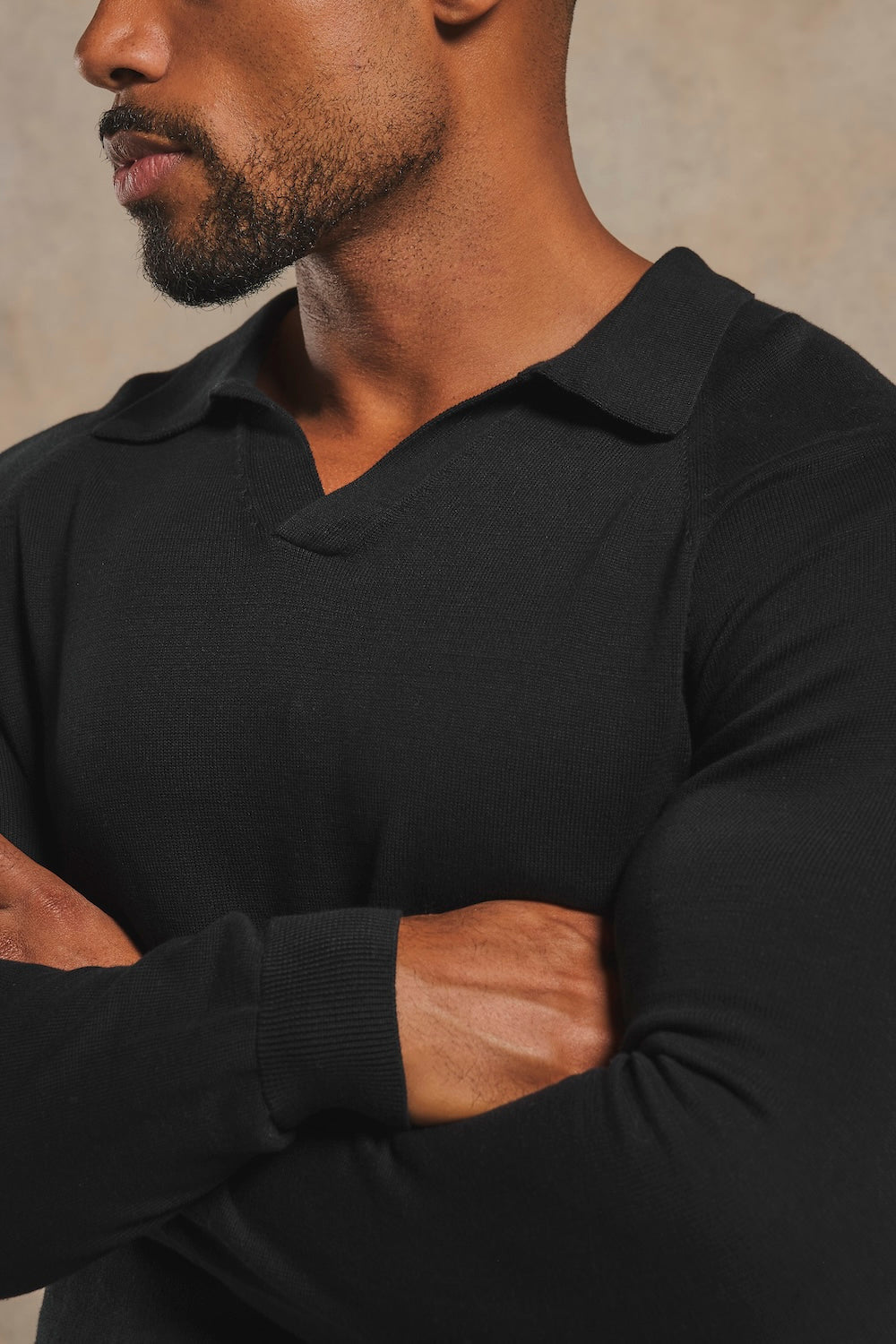 Pure Cotton Knitted Open Collar Polo Shirt in Black