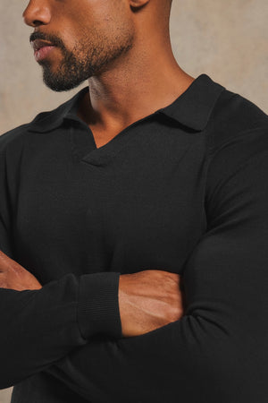 Pure Cotton Knitted Open Collar Polo Shirt in Black