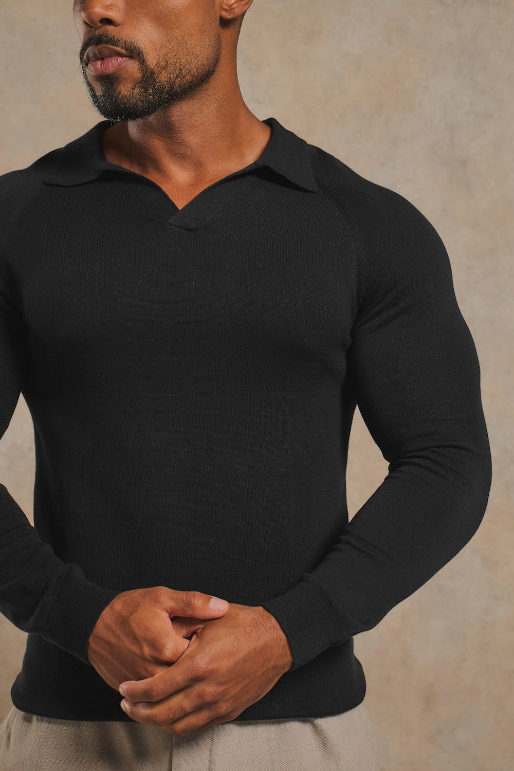 Pure Cotton Knitted Open Collar Polo Shirt in Black