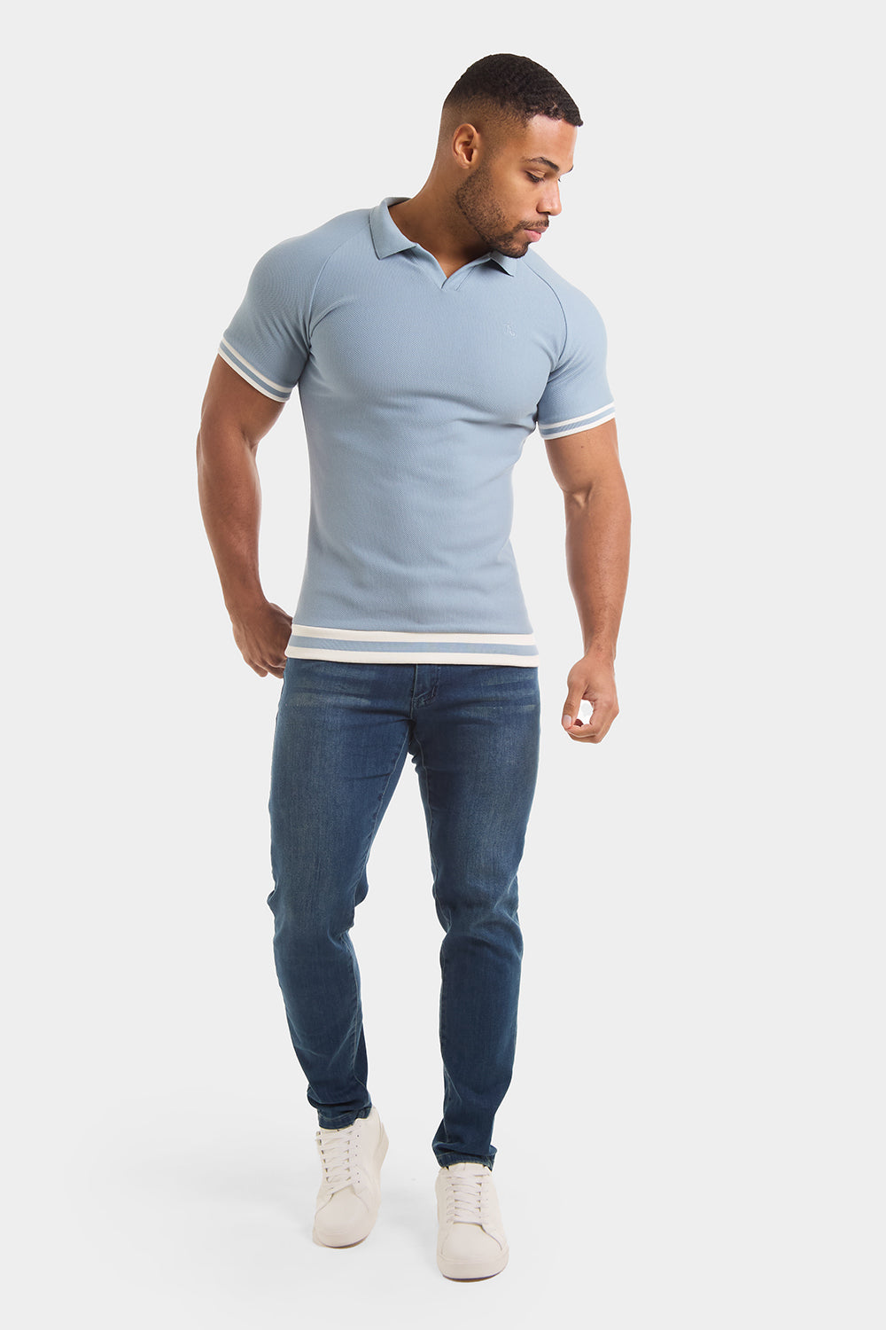 Muscle Fit Short Sleeve Retro Open Collar Polo in Blue/White - TAILORED ATHLETE - ROW