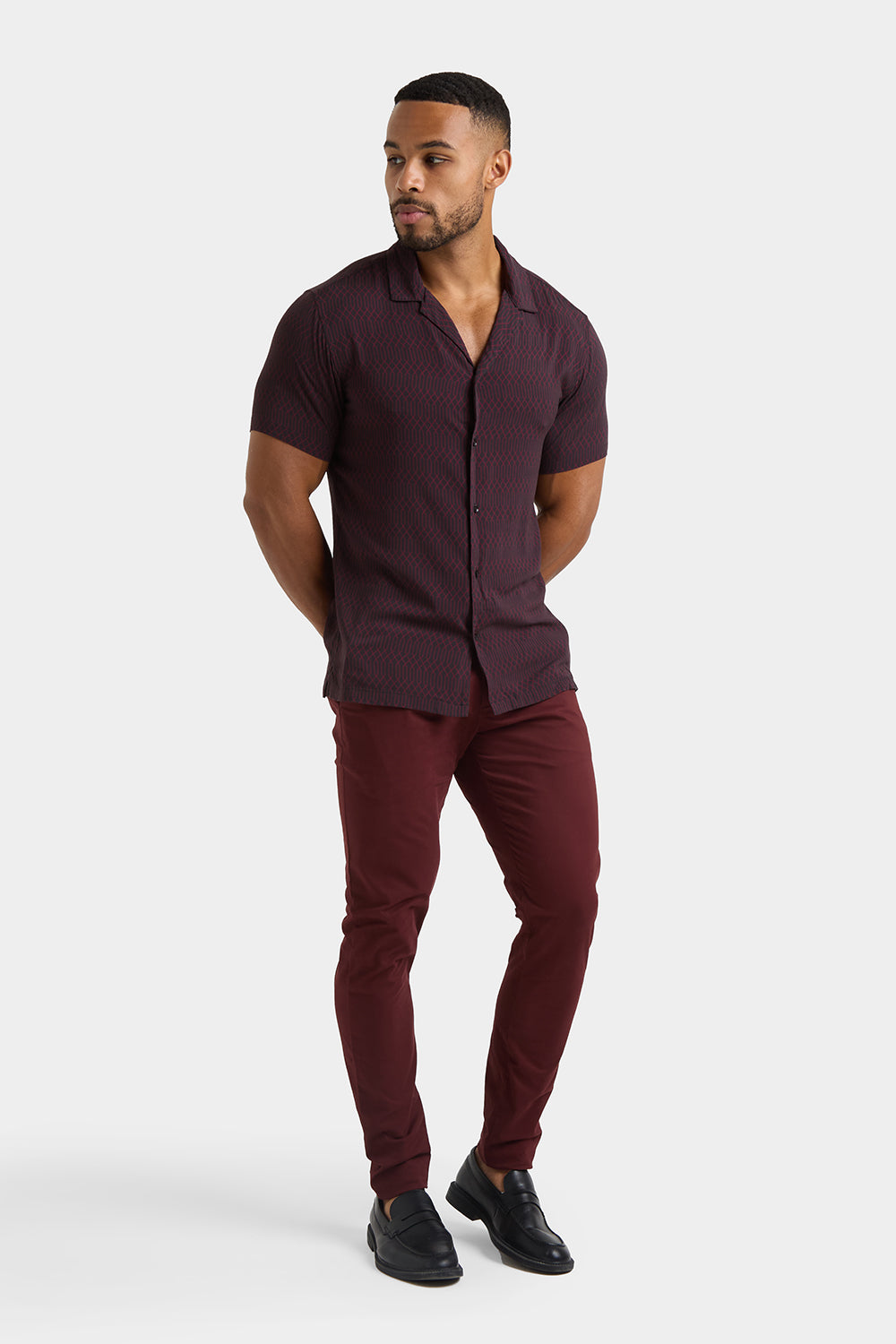 Muscle Fit Cotton Stretch Chino Trouser in Deep Burgundy - TAILORED ATHLETE - ROW