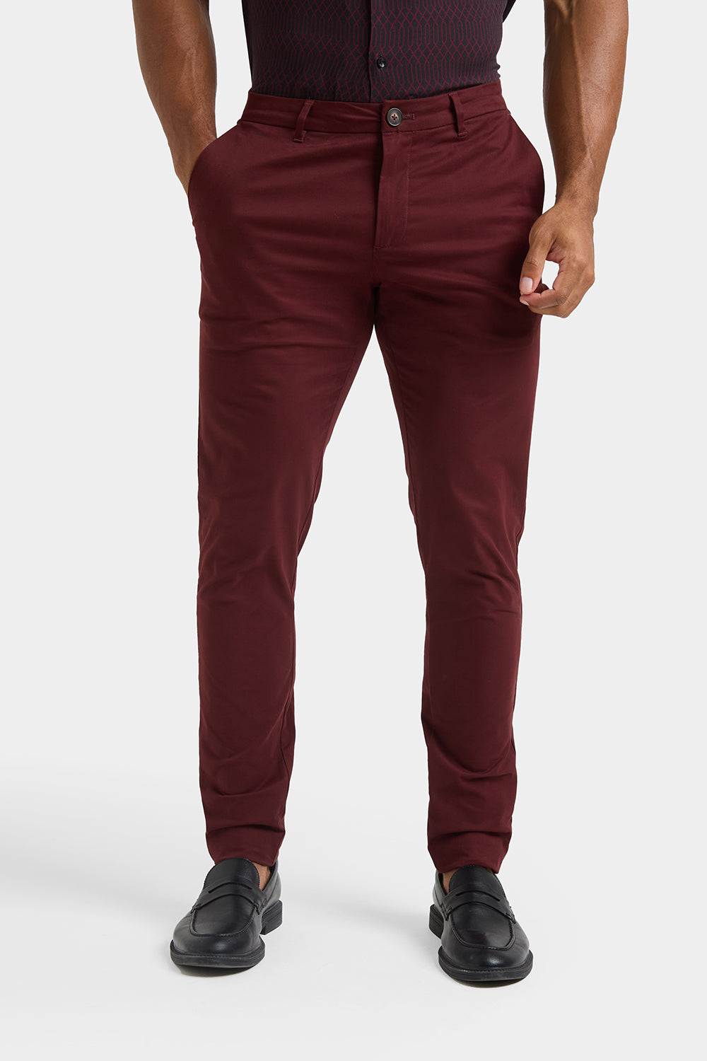 Muscle Fit Cotton Stretch Chino Trouser in Deep Burgundy - TAILORED ATHLETE - ROW