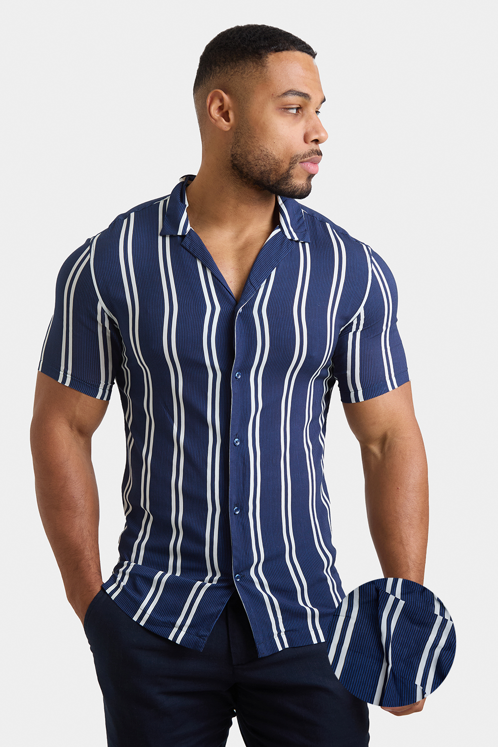 Printed Shirt in Navy Retro Stripe - TAILORED ATHLETE - ROW
