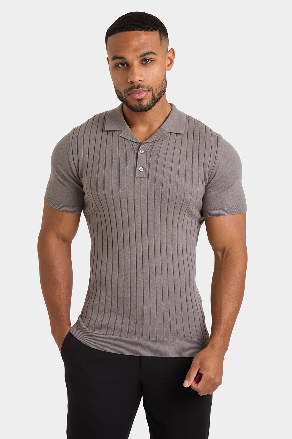 Ribbed Knitted Polo Shirt in Mole - TAILORED ATHLETE - ROW