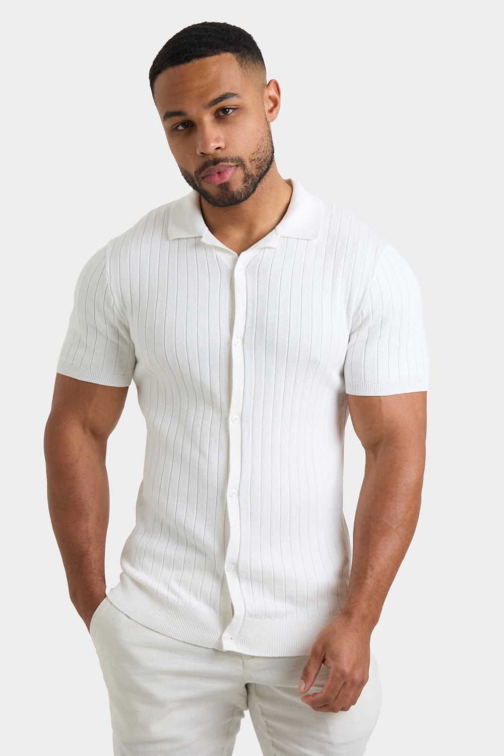 Ribbed Knitted Shirt in Ecru - TAILORED ATHLETE - ROW