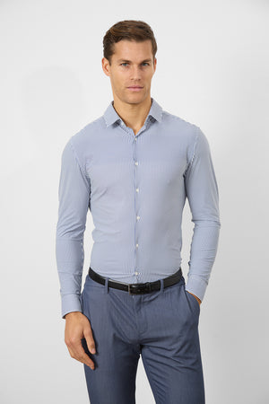 Striped Stretch Formal Shirt in Navy - TAILORED ATHLETE - ROW