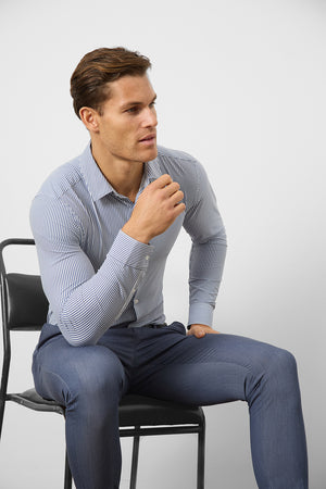 Striped Stretch Formal Shirt in Navy - TAILORED ATHLETE - ROW