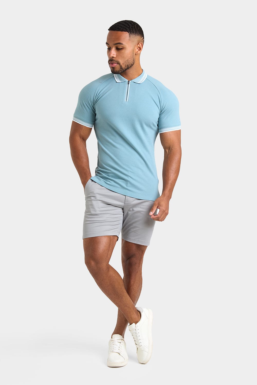 Stripe Tipped Zip Neck Polo Shirt in Aqua - TAILORED ATHLETE - ROW