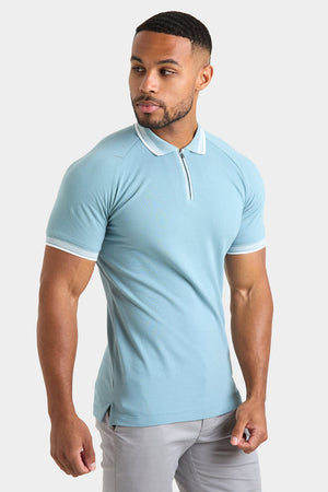 Stripe Tipped Zip Neck Polo Shirt in Aqua - TAILORED ATHLETE - ROW