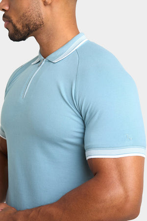 Stripe Tipped Zip Neck Polo Shirt in Aqua - TAILORED ATHLETE - ROW