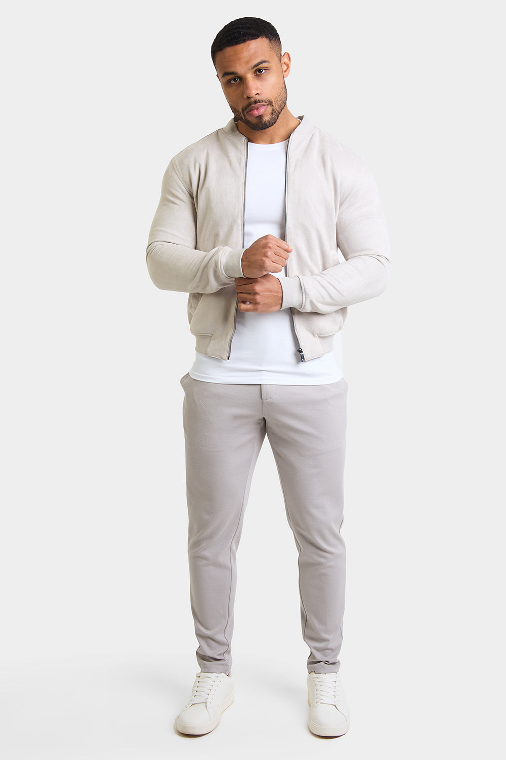 Suede Look Bomber Jacket in Stone - TAILORED ATHLETE - ROW