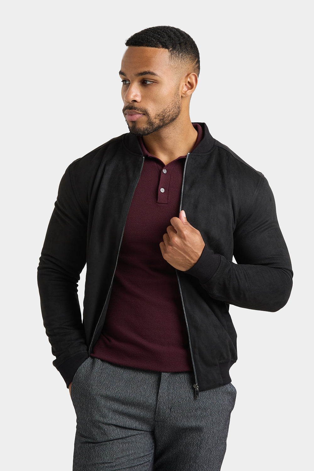 Suede Look Bomber Jacket in Black - TAILORED ATHLETE - ROW