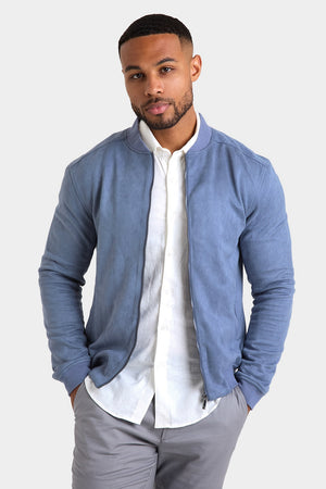 Suede Look Bomber Jacket in Slate Blue - TAILORED ATHLETE - ROW