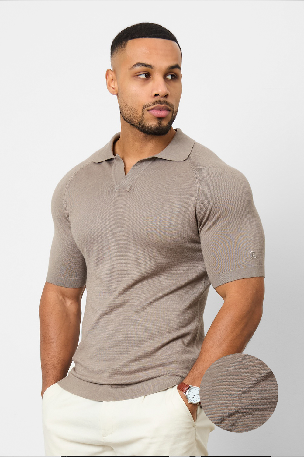 Textured Open Collar Knitted Polo Shirt in Mole - TAILORED ATHLETE - ROW