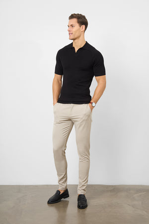 Textured Open Collar Knitted Polo Shirt in Black - TAILORED ATHLETE - ROW