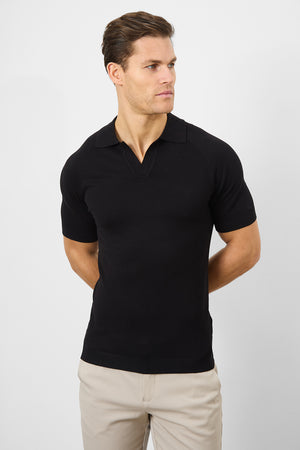 Textured Open Collar Knitted Polo Shirt in Black - TAILORED ATHLETE - ROW