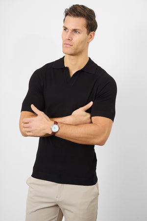 Textured Open Collar Knitted Polo Shirt in Black - TAILORED ATHLETE - ROW