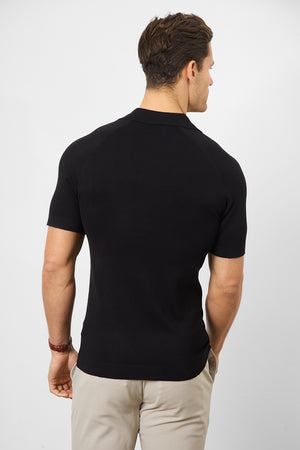 Textured Open Collar Knitted Polo Shirt in Black - TAILORED ATHLETE - ROW