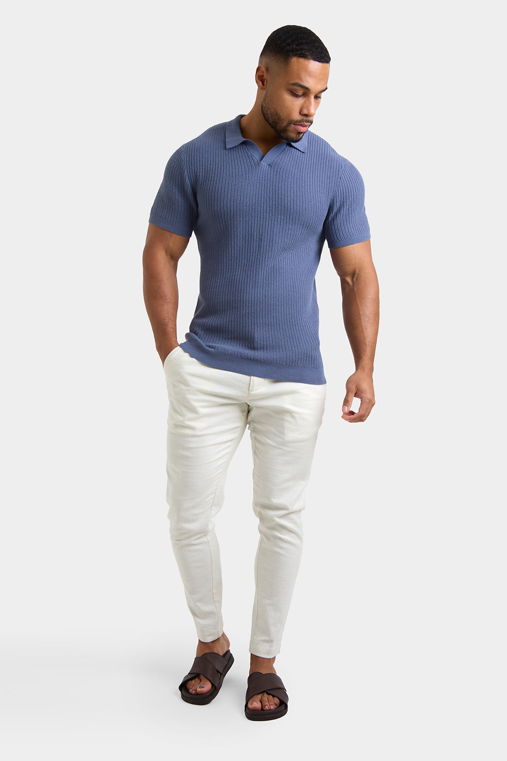 Textured Open Collar Knit Polo in Slate Blue - TAILORED ATHLETE - ROW