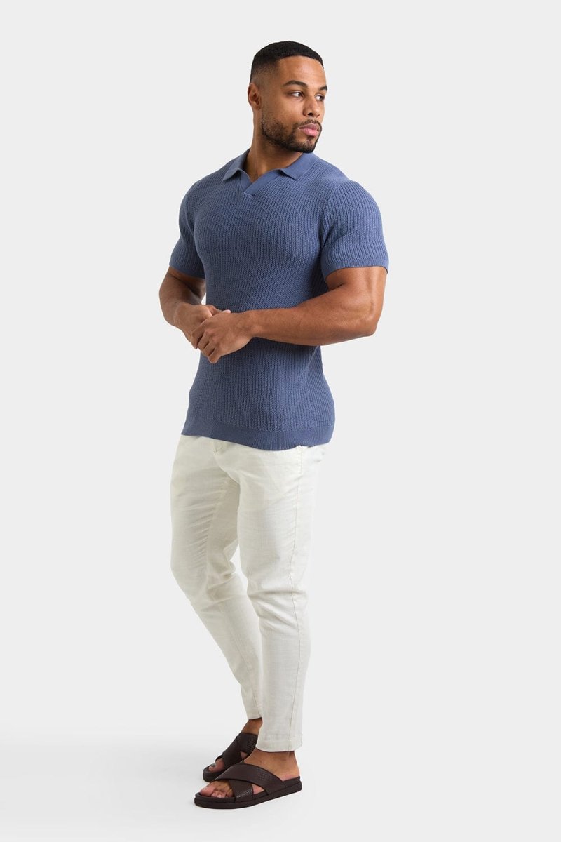 Textured Open Collar Knit Polo in Slate Blue - TAILORED ATHLETE - ROW