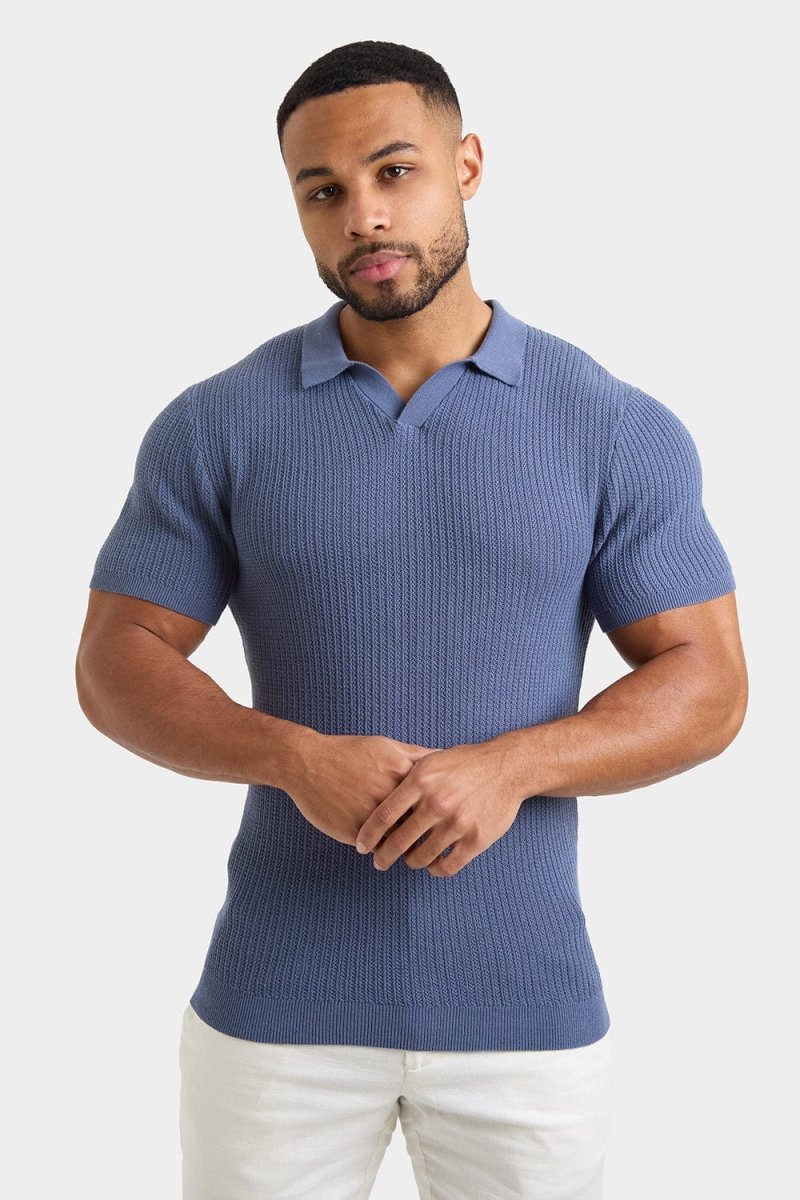 Textured Open Collar Knit Polo in Slate Blue - TAILORED ATHLETE - ROW