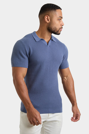 Textured Open Collar Knit Polo in Slate Blue - TAILORED ATHLETE - ROW