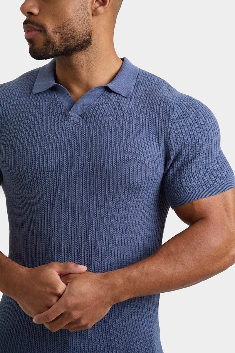 Textured Open Collar Knit Polo in Slate Blue - TAILORED ATHLETE - ROW