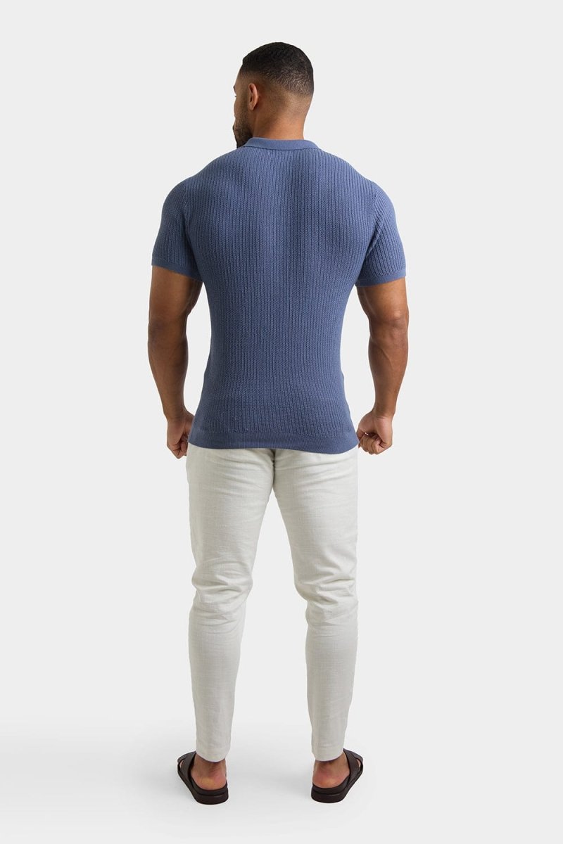 Textured Open Collar Knit Polo in Slate Blue - TAILORED ATHLETE - ROW