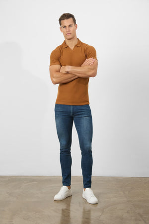 Textured Open Collar Polo Shirt in Ginger - TAILORED ATHLETE - ROW