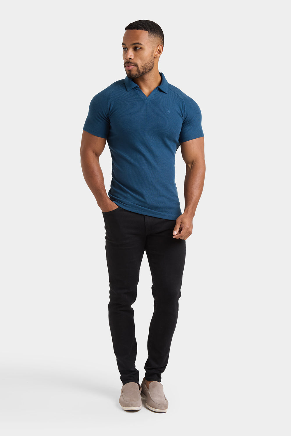 Textured Open Collar Polo Shirt in Teal - TAILORED ATHLETE - ROW