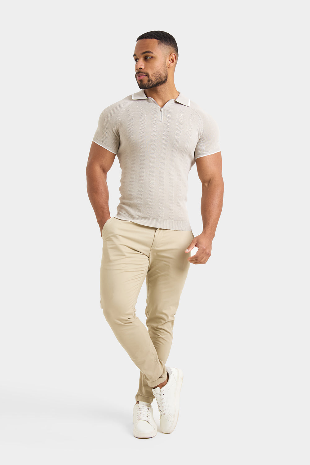 Textured Rib Zip Neck Knit Polo in Stone - TAILORED ATHLETE - ROW