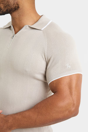 Textured Rib Zip Neck Knit Polo in Stone - TAILORED ATHLETE - ROW
