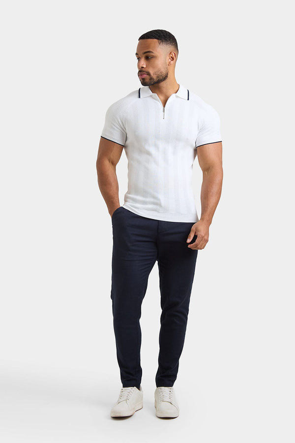 Textured Rib Zip Neck Knit Polo in Off White