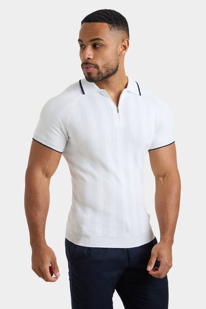 Textured Rib Zip Neck Knit Polo in Off White - TAILORED ATHLETE - ROW